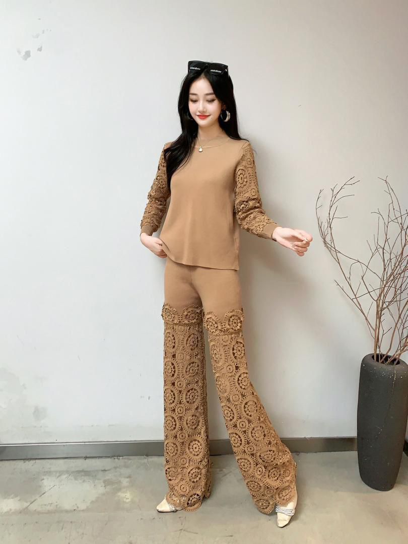 Saira 2 Piece Outfits  Knit Pullover and Wide Leg Lace Pants Lounge Matching Set